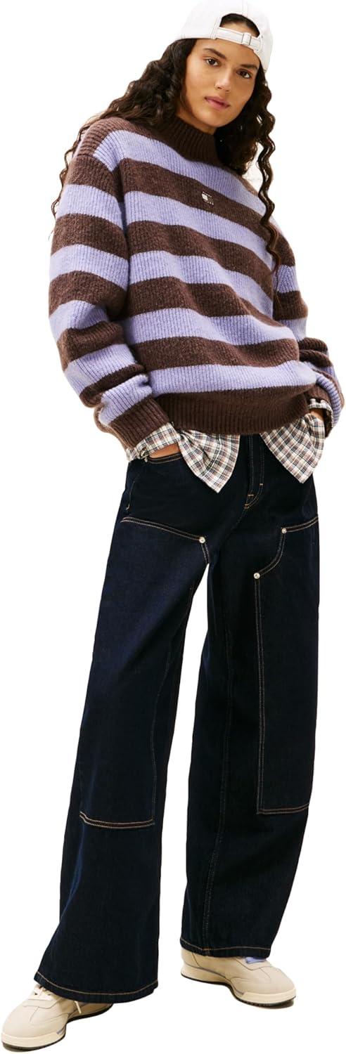 imageTommy Jeans Womens Medium Weight Wool Blend Mock Neck Sweater with Embroidered LogoPeriwinkle Dusk Stripe