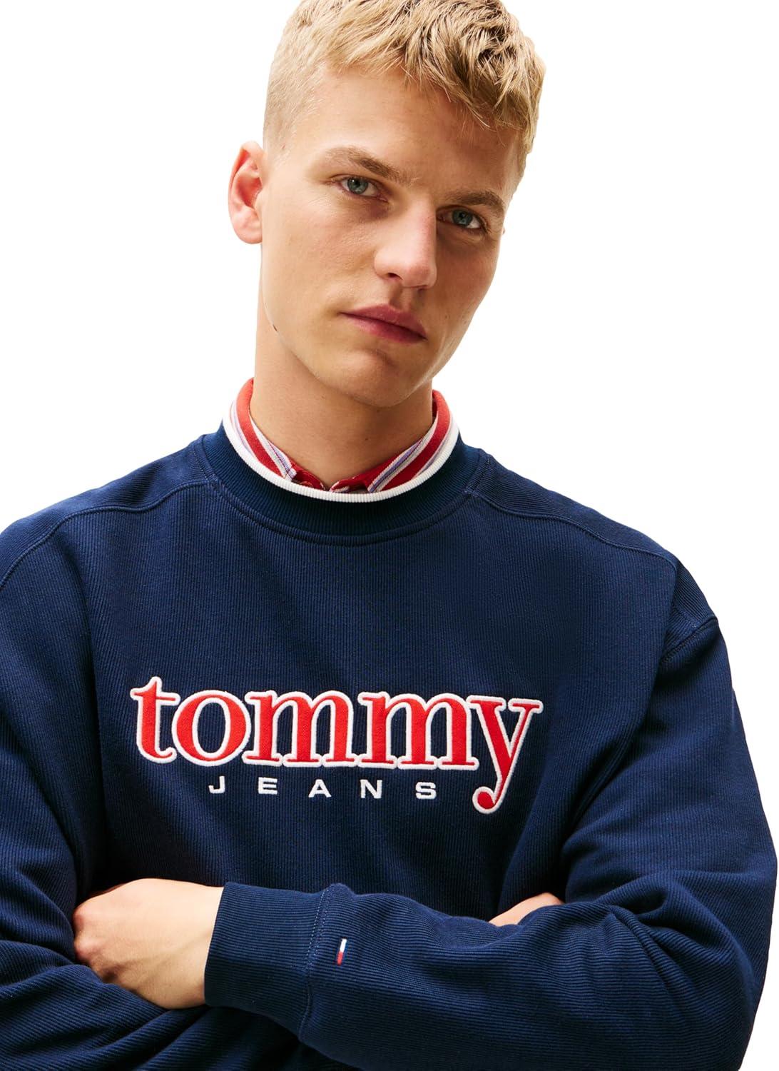 imageTommy Jeans mens Medium Weight Crewneck Sweatshirt With Twotone Embroidered LogoDark Night Navy
