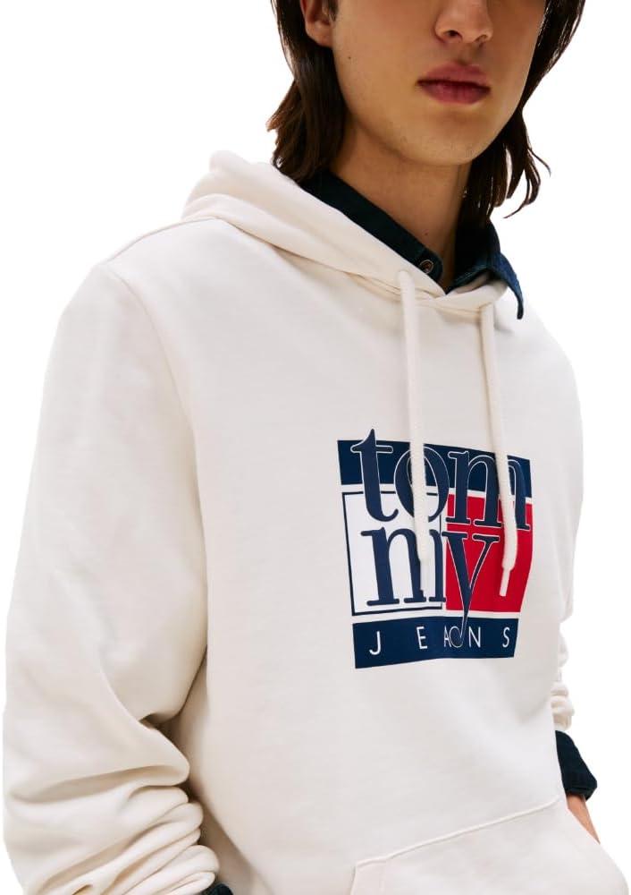 imageTommy Jeans mens Medium Weight Hoodie Sweatshirt With Printed Flag LogoAncient White