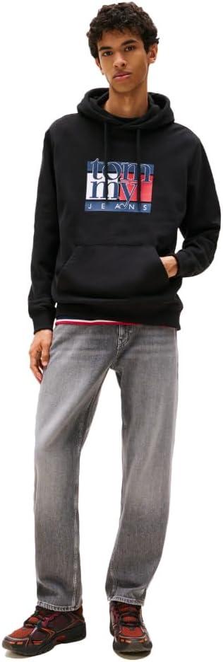 imageTommy Jeans mens Medium Weight Hoodie Sweatshirt With Printed Flag LogoBlack