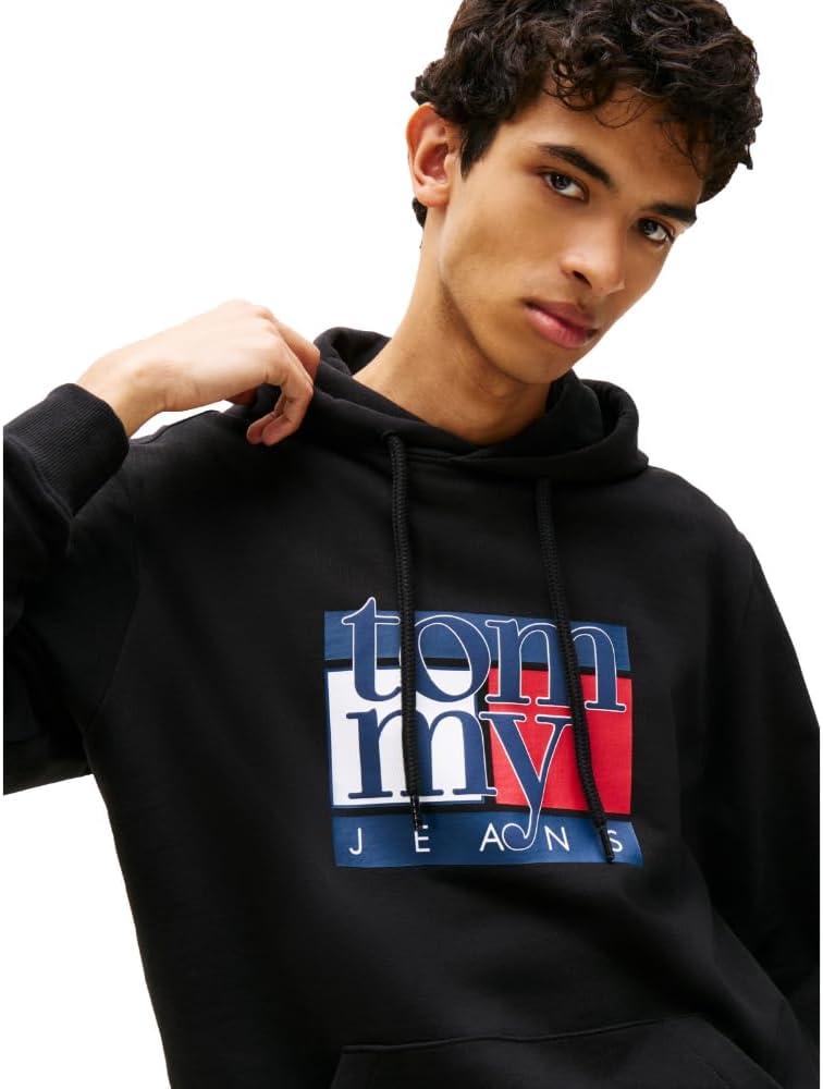 imageTommy Jeans mens Medium Weight Hoodie Sweatshirt With Printed Flag LogoBlack