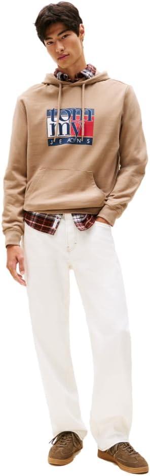 imageTommy Jeans mens Medium Weight Hoodie Sweatshirt With Printed Flag LogoCoastal Taupe