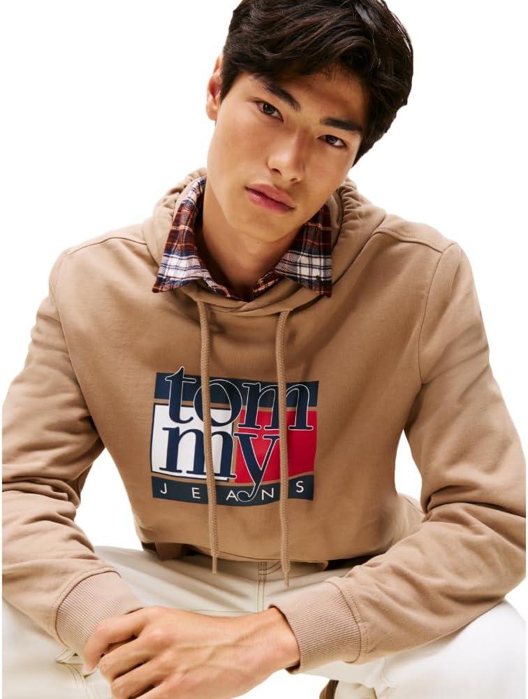 imageTommy Jeans mens Medium Weight Hoodie Sweatshirt With Printed Flag LogoCoastal Taupe