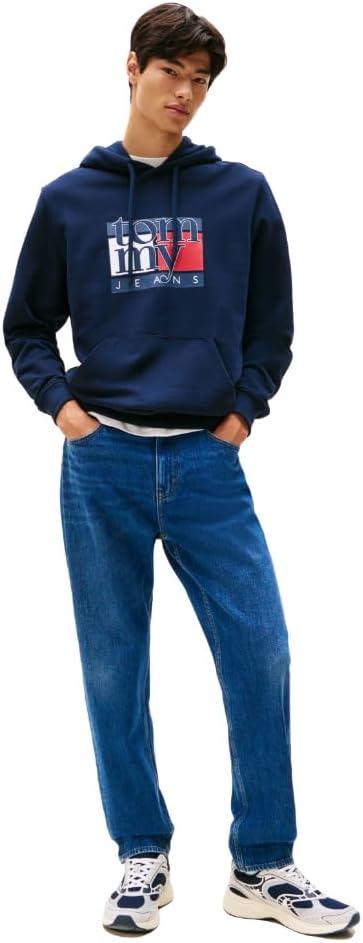 imageTommy Jeans mens Medium Weight Hoodie Sweatshirt With Printed Flag LogoDark Night Navy