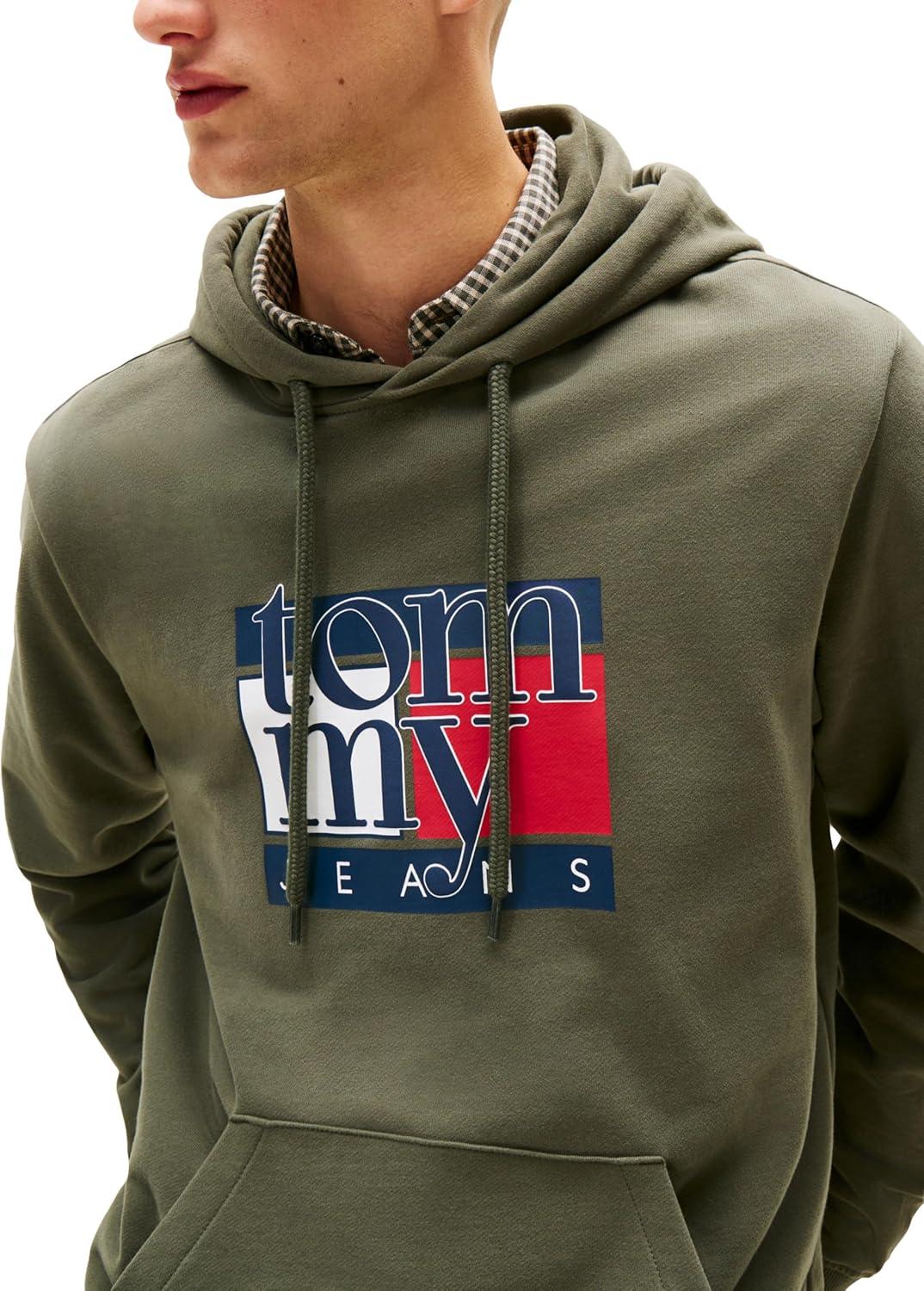 imageTommy Jeans mens Medium Weight Hoodie Sweatshirt With Printed Flag LogoPewter Green