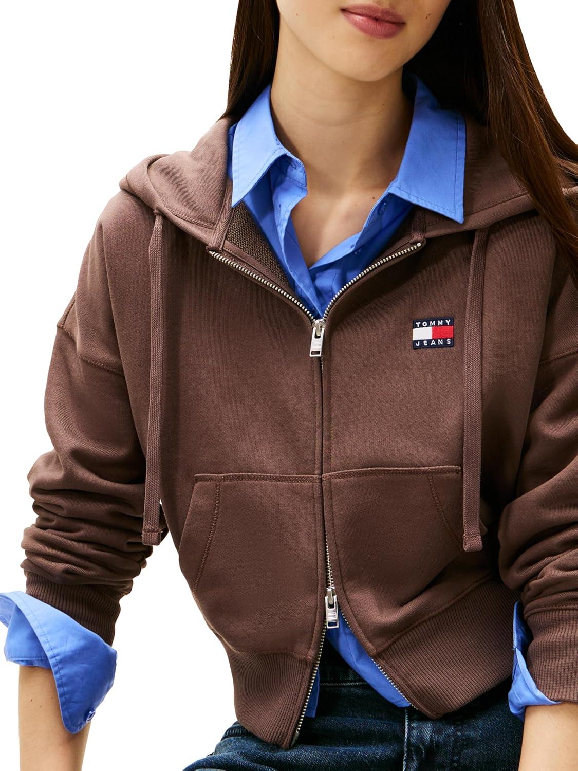 imageTommy Jeans womens Medium Weight Cropped Zip Up Hoodie With Embroidered Flag LogoBlack Walnut