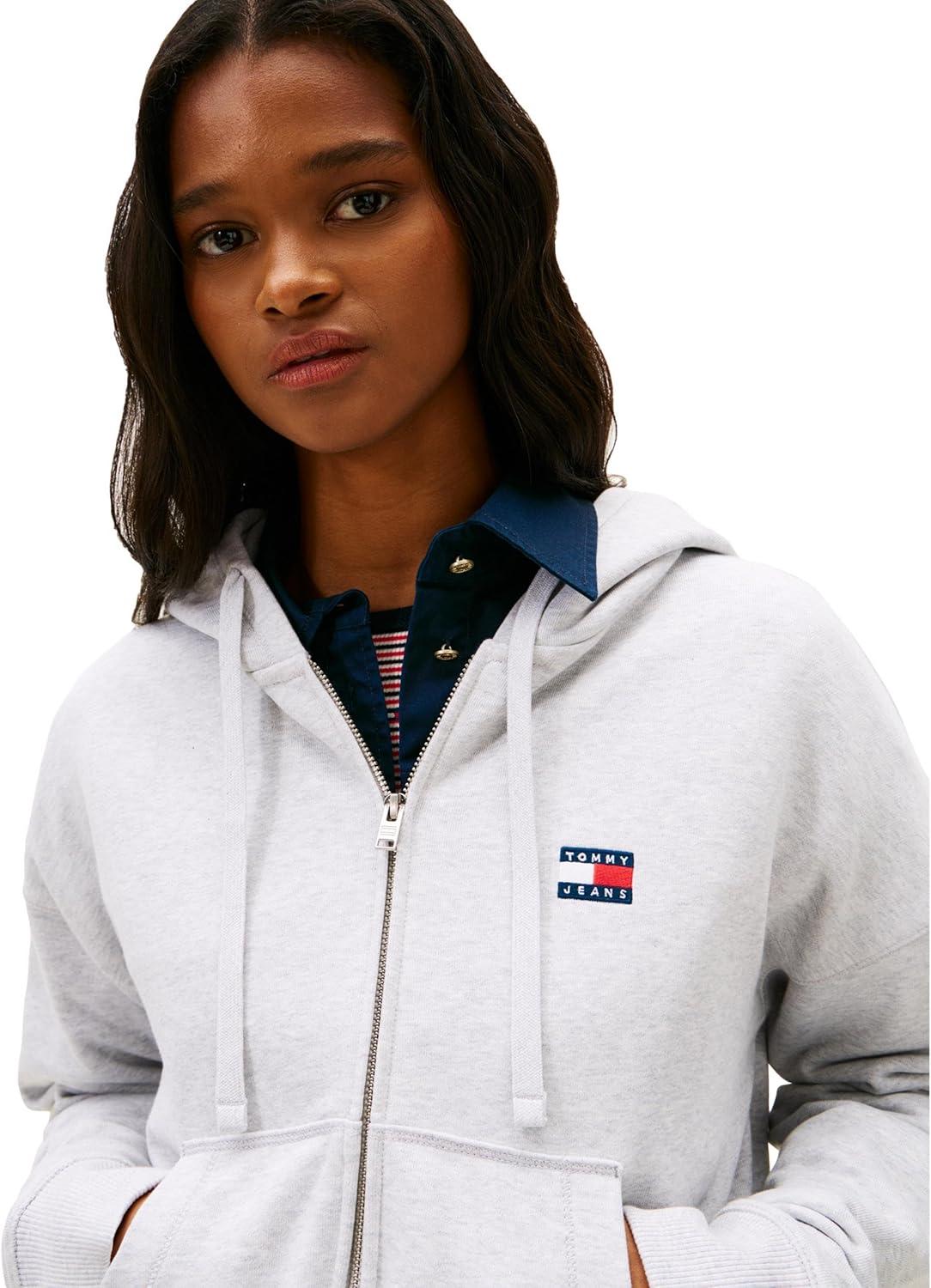 imageTommy Jeans womens Medium Weight Cropped Zip Up Hoodie With Embroidered Flag LogoIce Grey Heather