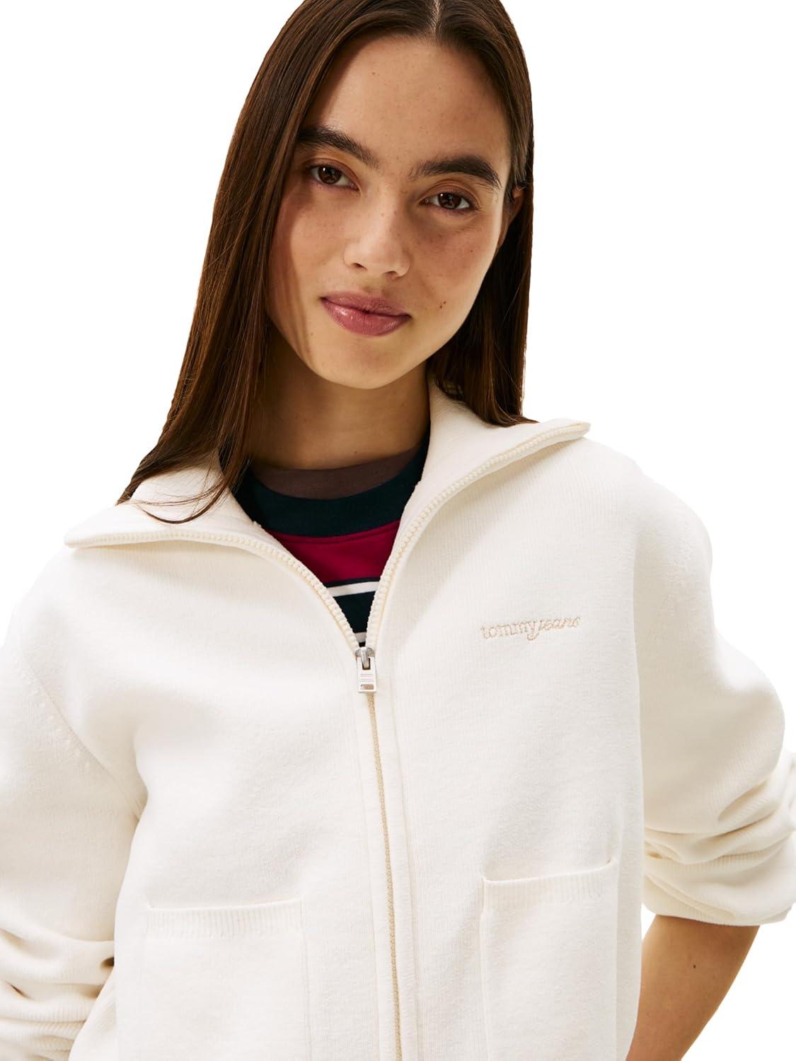 imageTommy Jeans womens Medium Weight Full Zip Cardigan With Silver Script LogoAncient White