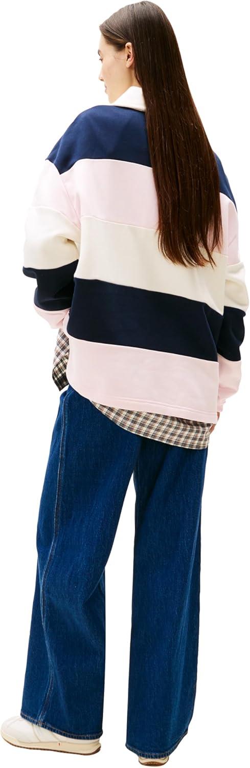 imageTommy Jeans womens Medium Weight Long Sleeve Striped Rugby Sweater With Embroidered Flag LogoLight Pink Stripe