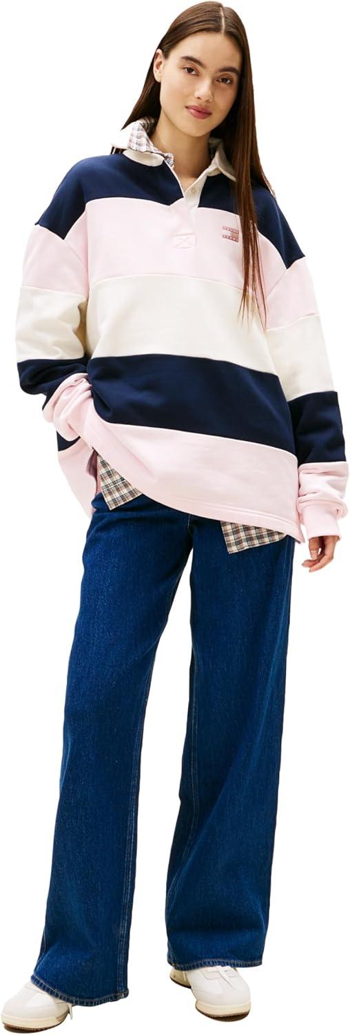 imageTommy Jeans womens Medium Weight Long Sleeve Striped Rugby Sweater With Embroidered Flag LogoLight Pink Stripe