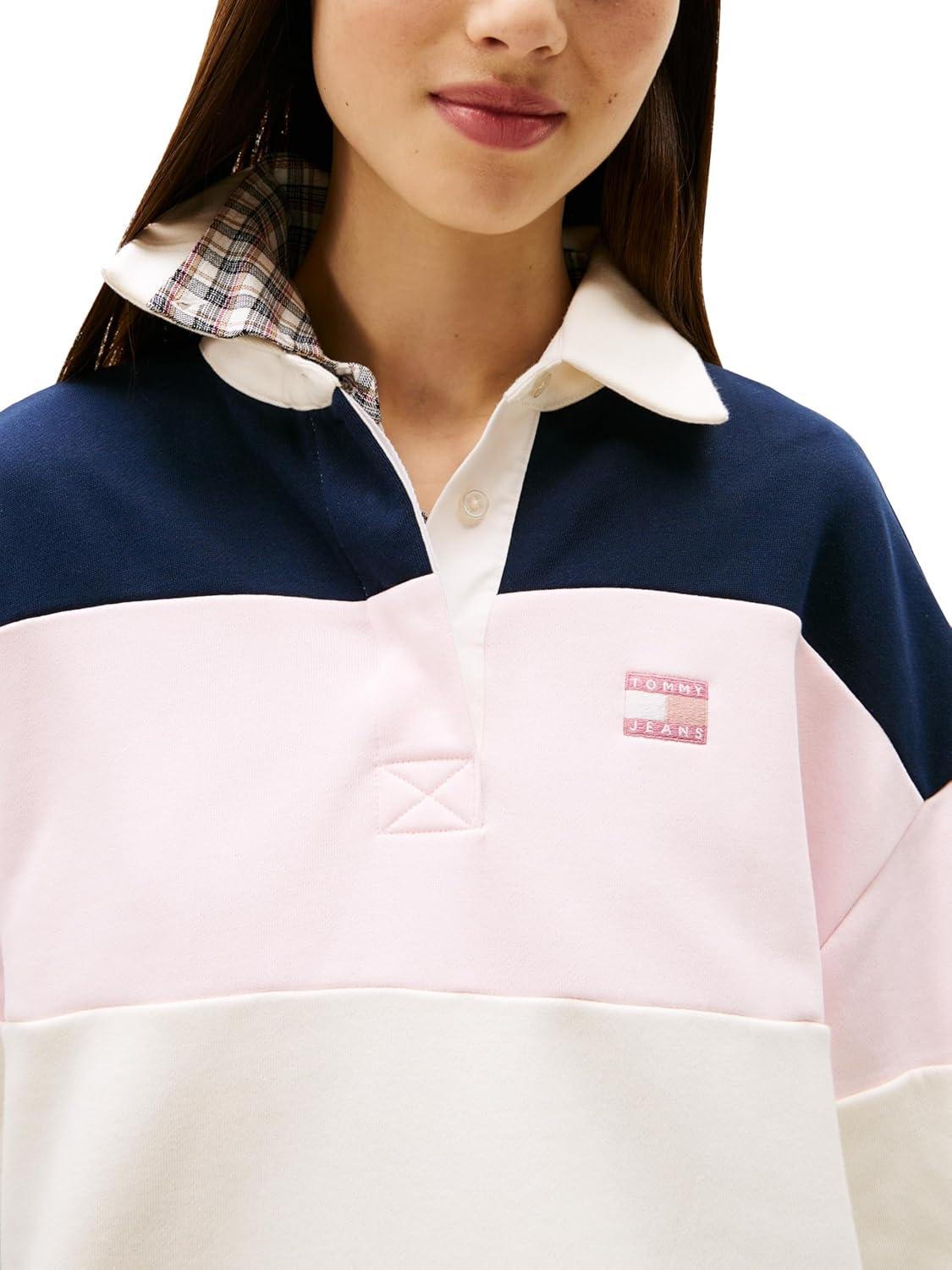 imageTommy Jeans womens Medium Weight Long Sleeve Striped Rugby Sweater With Embroidered Flag LogoLight Pink Stripe