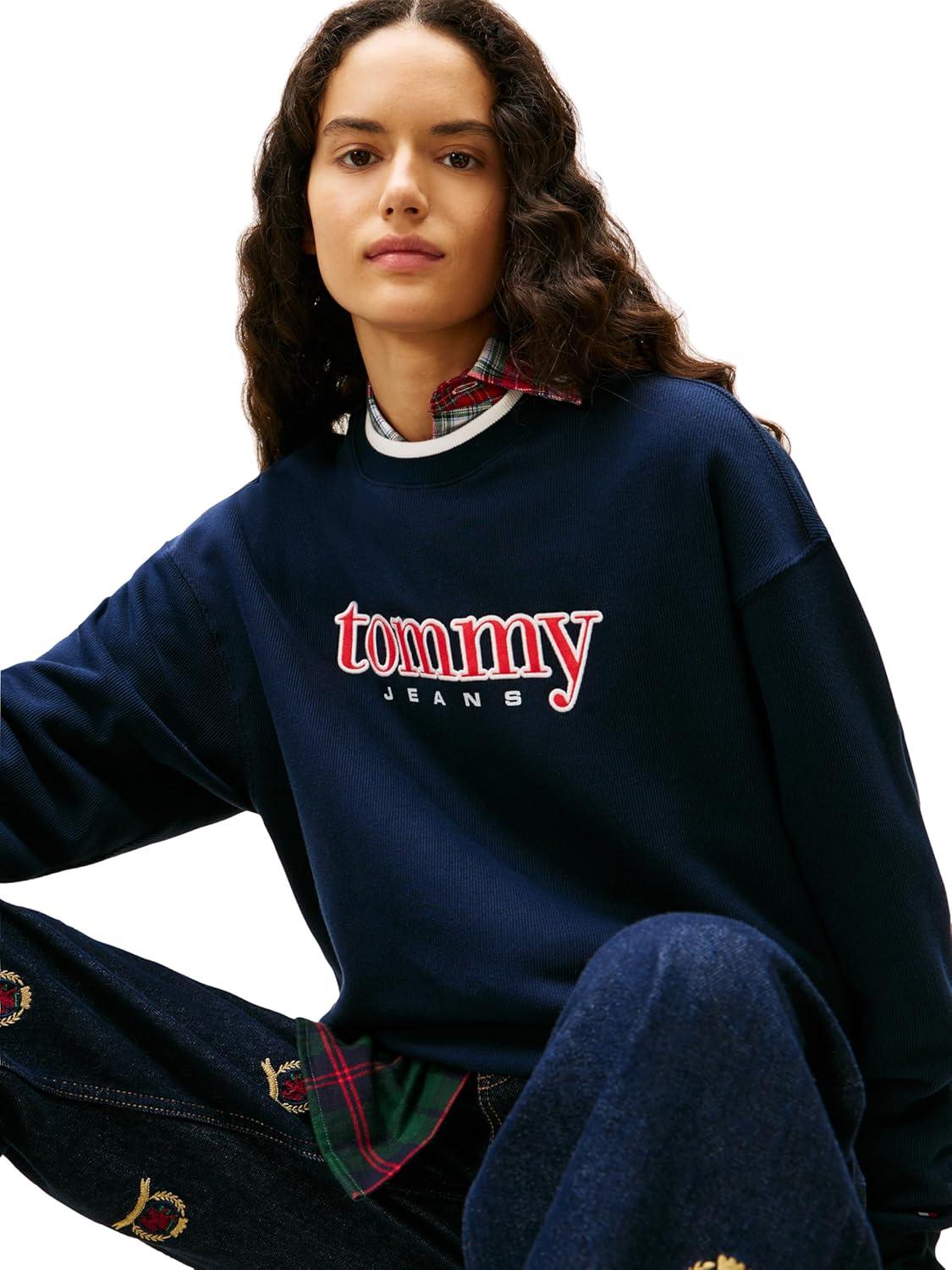 imageTommy Jeans womens Medium Weight Pullover Crewneck With Applique Logo DetailDark Night Navy