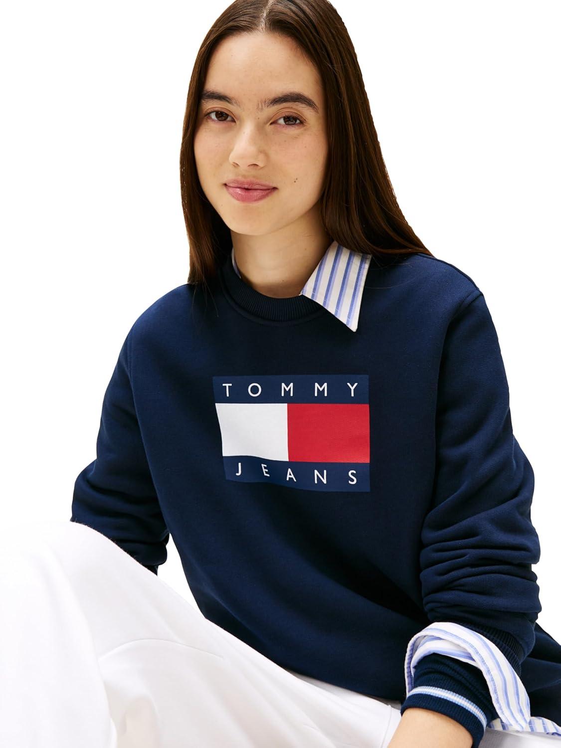 imageTommy Jeans womens Medium Weight Pullover Crewneck With Flag Logo DetailDark Night Navy