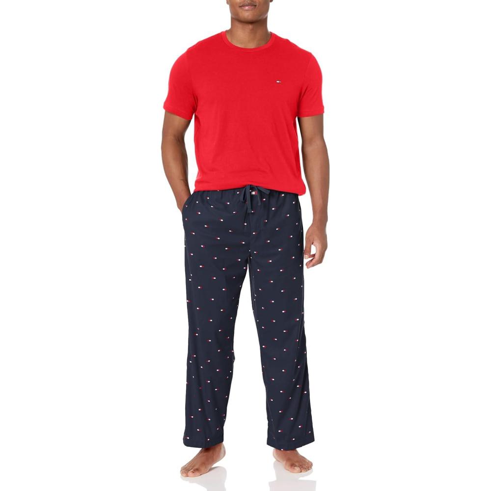imageTommy Hilfiger Mens Cozy Fleece Sleep SetTango Red  Navy Microflag Print