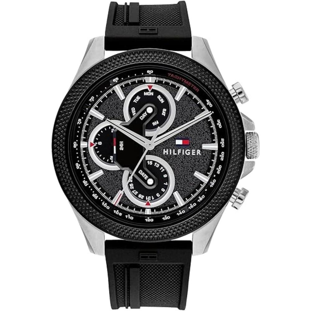 imageTommy Hilfiger Mens Multifunction Quartz Watch 46mm Stainless Steel Case RacingInspired Design 5 ATM Water Resistant Elegant Modern Timepiece Gift for HimBlackSilver