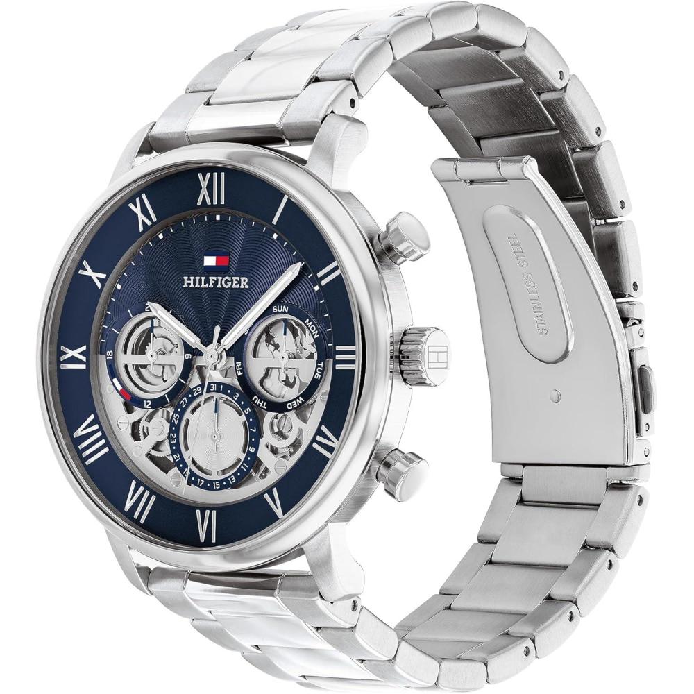 imageTommy Hilfiger Mens Multifunction Quartz Watch Classic Roman Numerals OpenHeart Dial Modern Dress Watch Gift for HimBlue