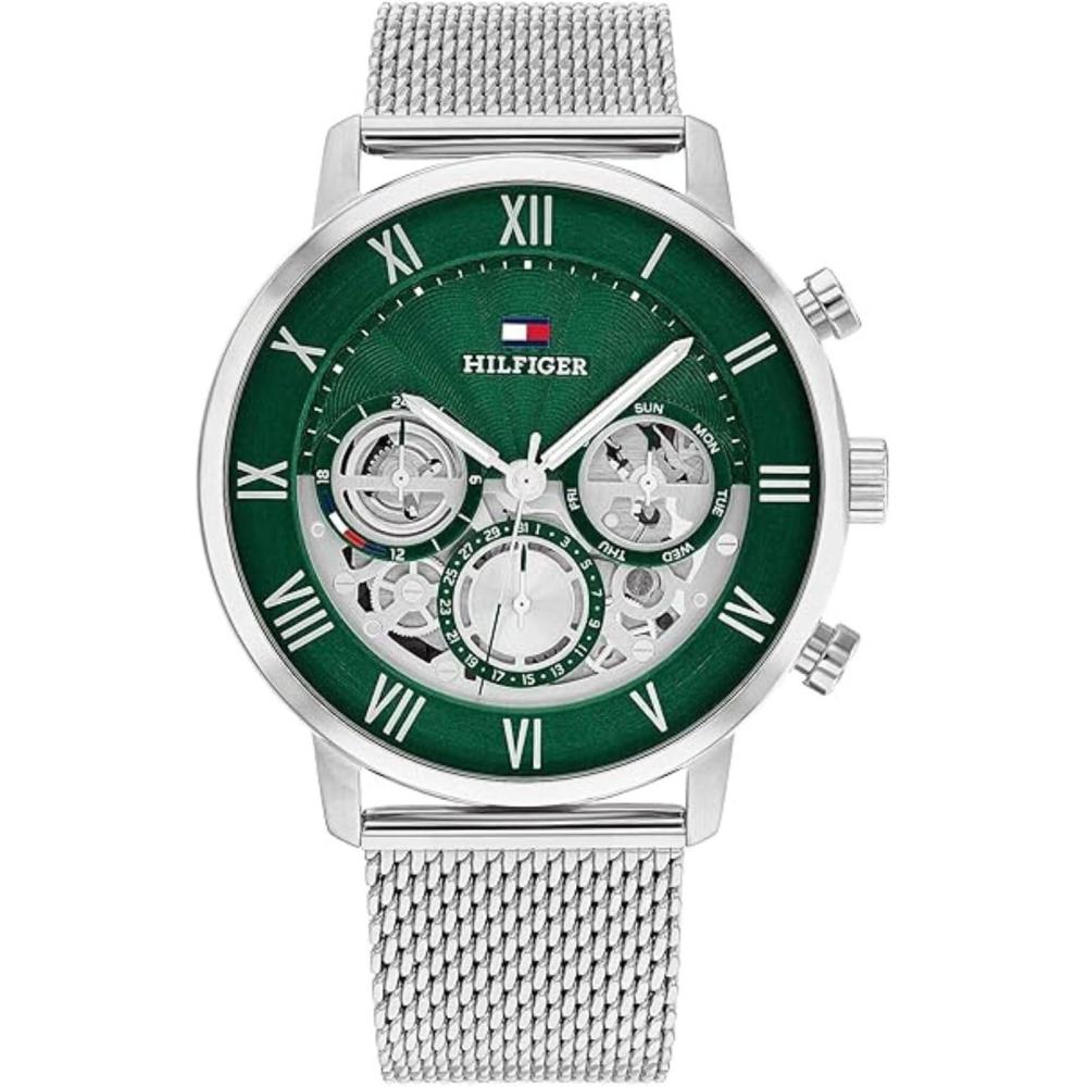 imageTommy Hilfiger Mens Multifunction Quartz Watch Classic Roman Numerals OpenHeart Dial Modern Dress Watch Gift for HimGreen