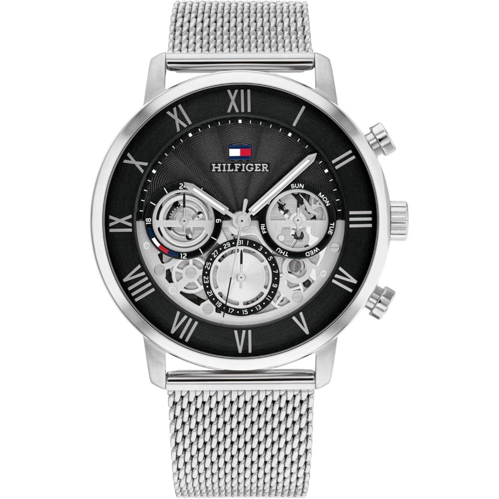 imageTommy Hilfiger Mens Multifunction Quartz Watch Classic Roman Numerals OpenHeart Dial Modern Dress Watch Gift for HimSilver