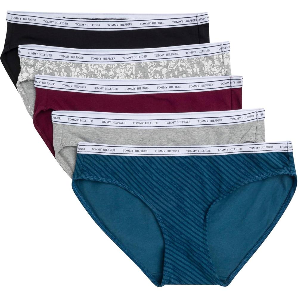 imageTommy Hilfiger womens Classic Cotton Bikini Underwear With Logo Waistband 5packDiagonal Th Alfalfa Blue StripeHeather GreyWindsor WineBlackFloral Heather Grey