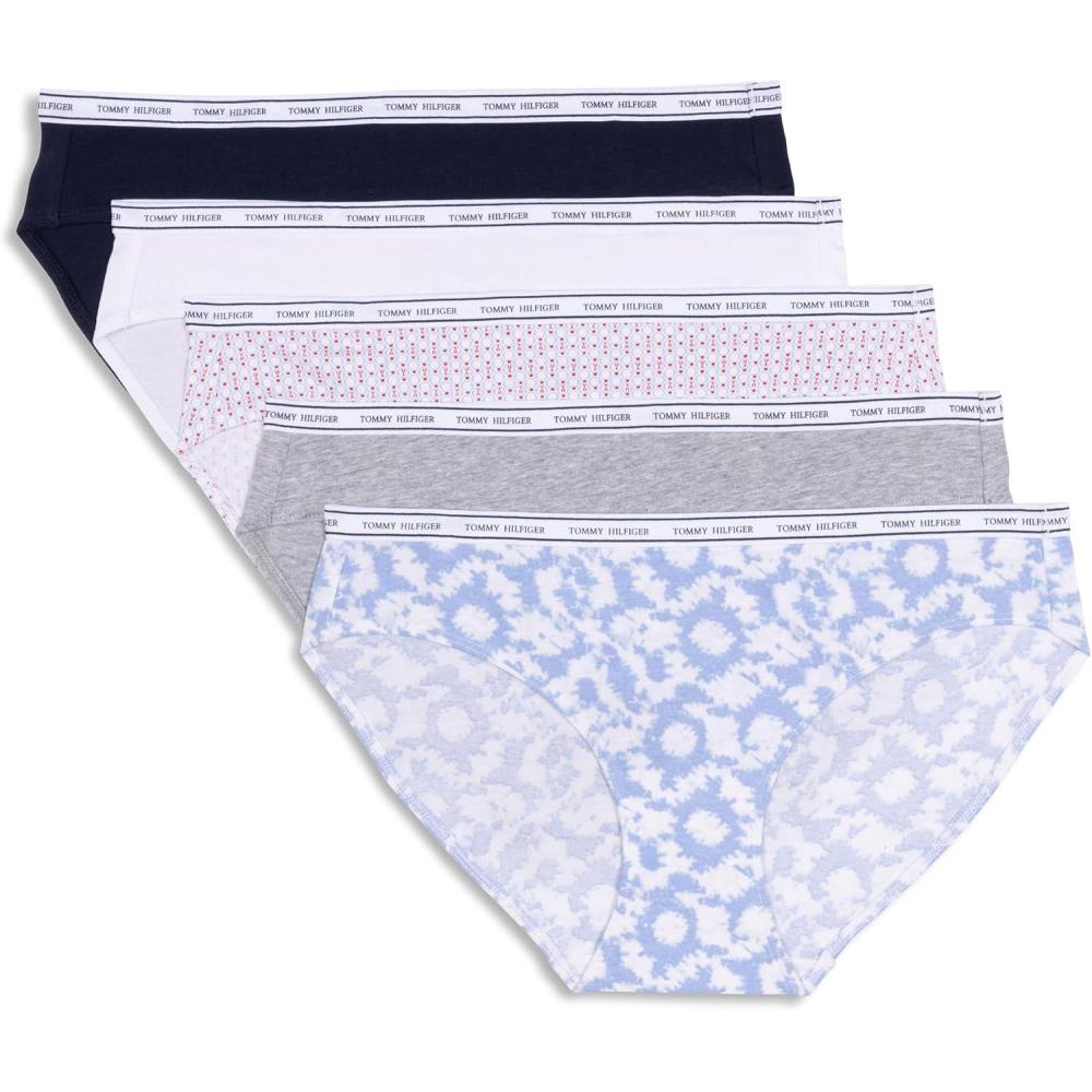 imageTommy Hilfiger womens Classic Cotton Bikini Underwear With Logo Waistband 5packRound Tie Dye Brunerra BlueHeather GreyTh Stacked Geo Bright WhiteBright WhiteNavy Blazer