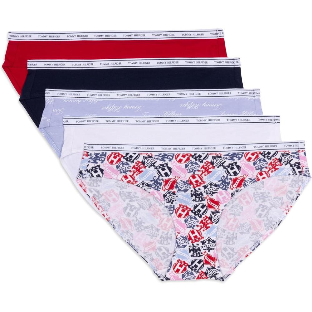 imageTommy Hilfiger womens Classic Cotton Bikini Underwear With Logo Waistband 5packTattoo Elements Bright WhiteBright WhiteBrunerra Blue Th CalligraphyHeather GreyApple Red