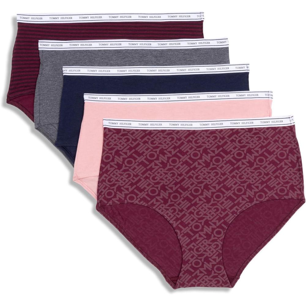 imageTommy Hilfiger womens Classic Cotton Brief Underwear With Logo Waistband 5packTh PrintBridal RoseSky CaptainCharcoalWindsor Stripe