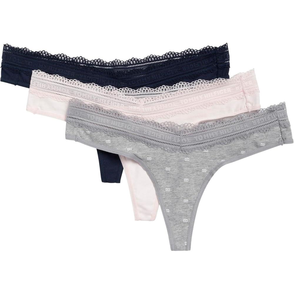 imageTommy Hilfiger womens Cotton Logo Lace Trim Thong 3packFlag PrintRosewaterSky Captain