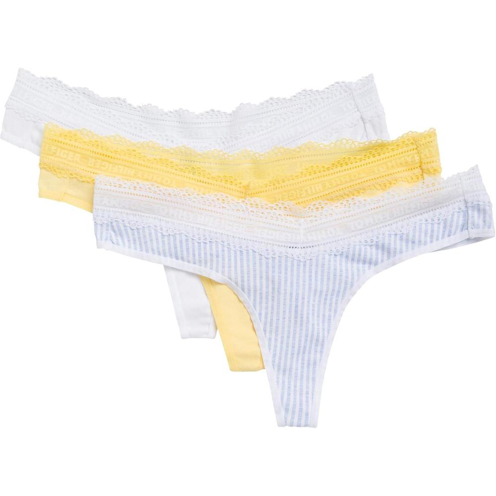 imageTommy Hilfiger womens Cotton Logo Lace Trim Thong 3packSeersucker PrintBright WhiteSunshine