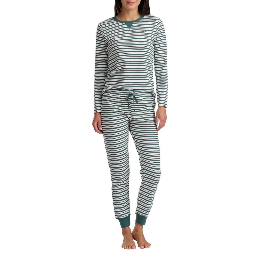 imageTommy Hilfiger womens Printed Crewneck Thermal Sleep SetAcademia Green Classic Stripe