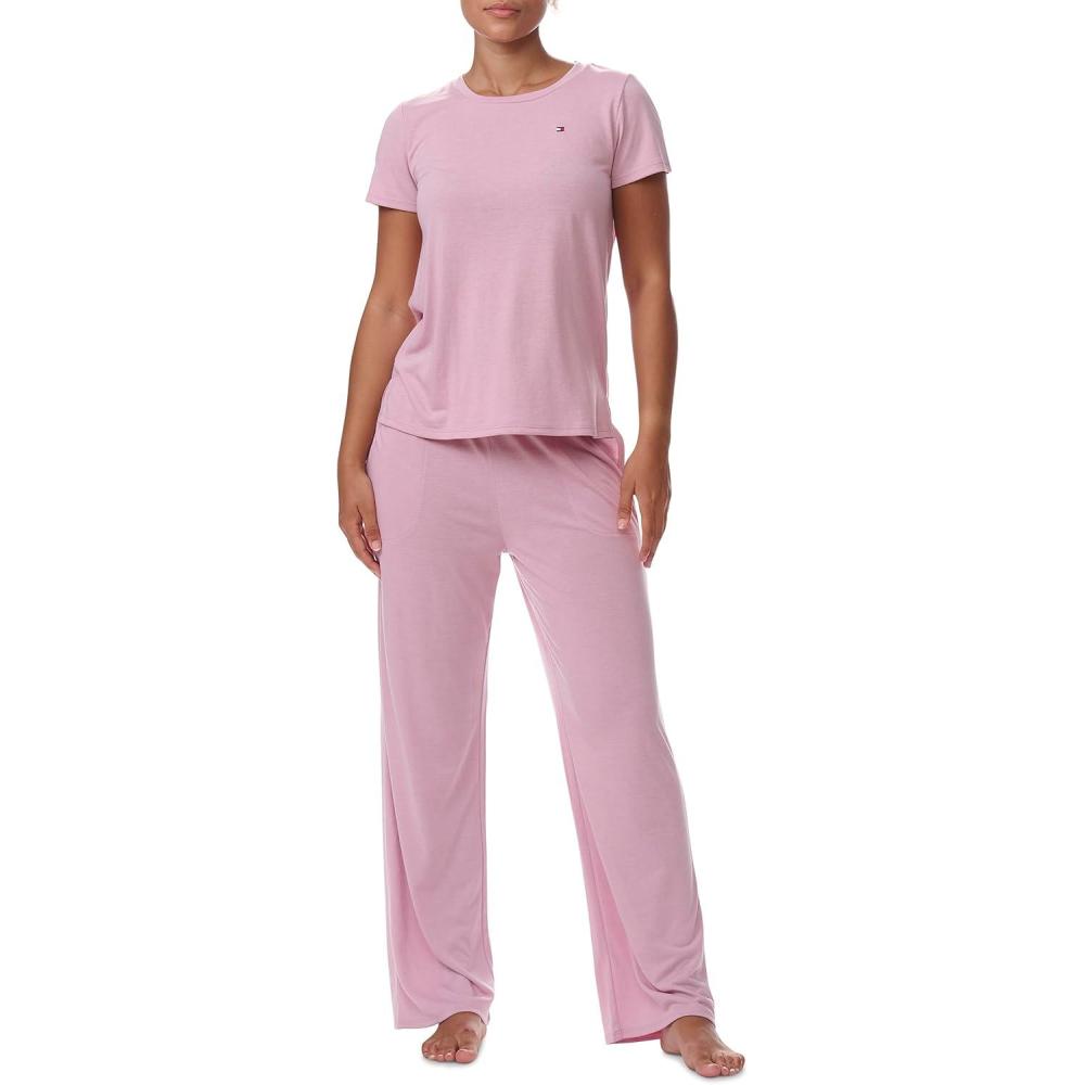 imageTommy Hilfiger womens Tshirt and Open Leg Pant 2 Piece Pajama SetBreezy Orchid