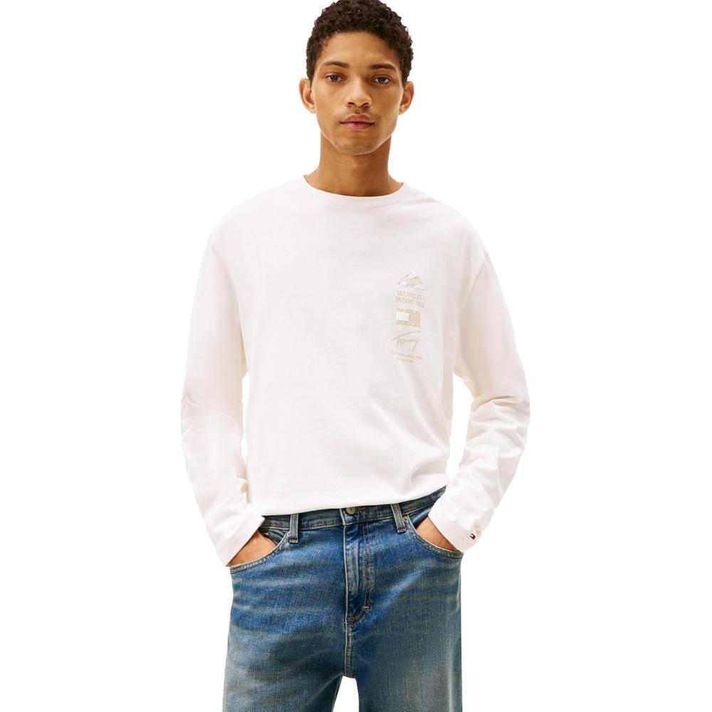 imageTommy Jeans Mens Long Sleeve Cotton Graphic TShirts with Printed Back GraphicAncient White