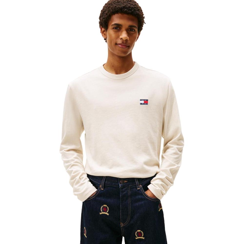 imageTommy Jeans Mens Long Sleeve Solid Cotton Graphic TShirts with Tonal Flag LogoAncient White Heather