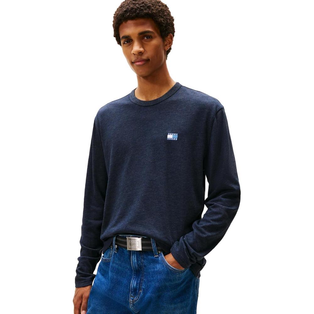 imageTommy Jeans Mens Long Sleeve Solid Cotton Graphic TShirts with Tonal Flag LogoDark Night Navy Heather
