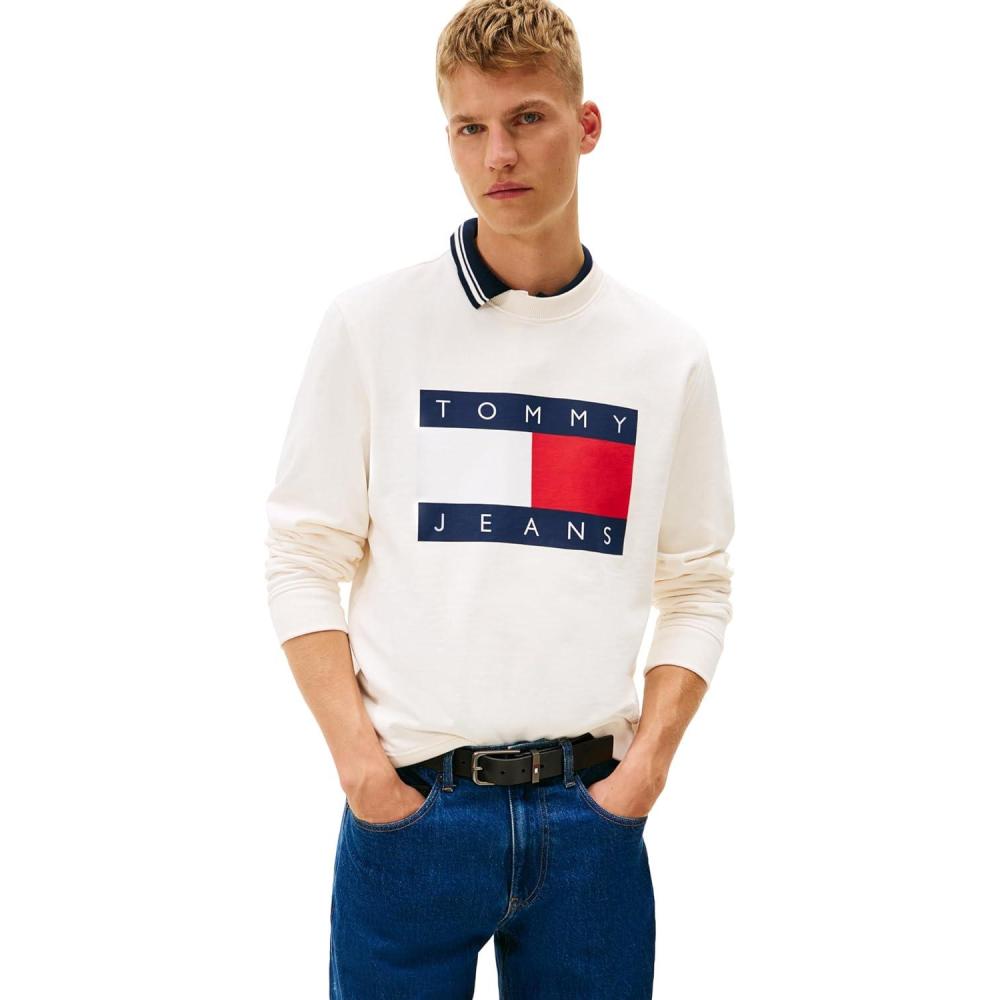 imageTommy Jeans mens Medium Weight Crewneck Sweatshirt With Printed Flag LogoAncient White