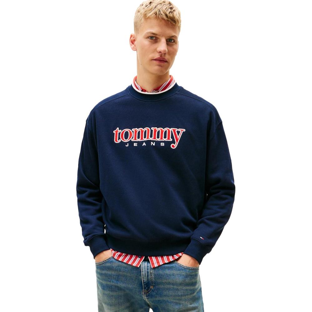 imageTommy Jeans mens Medium Weight Crewneck Sweatshirt With Twotone Embroidered LogoDark Night Navy