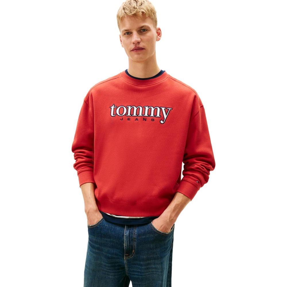 imageTommy Jeans mens Medium Weight Crewneck Sweatshirt With Twotone Embroidered LogoTerracotta Red