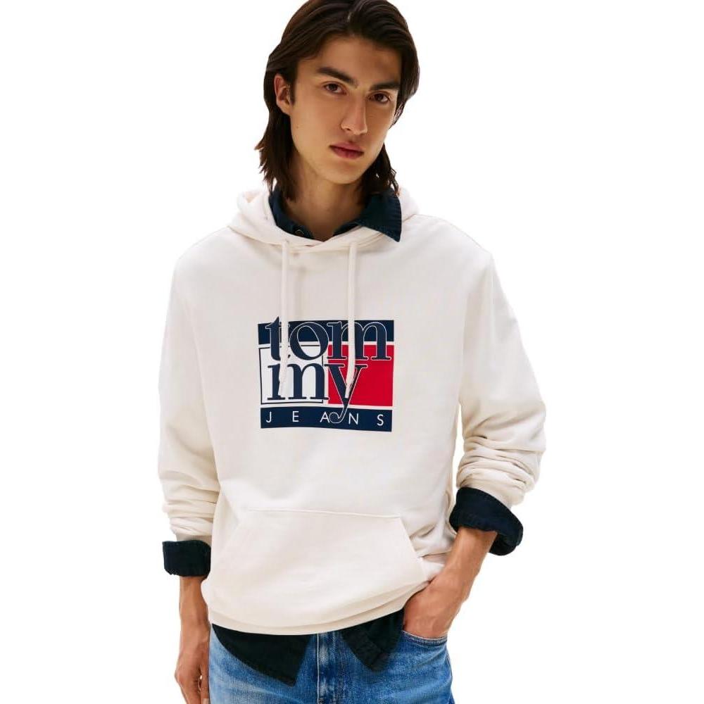 imageTommy Jeans mens Medium Weight Hoodie Sweatshirt With Printed Flag LogoAncient White