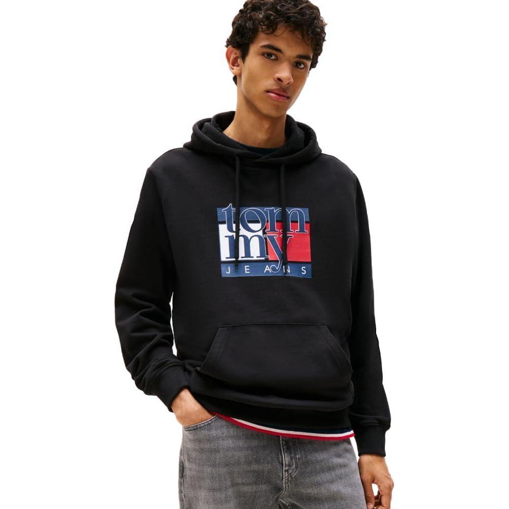 imageTommy Jeans mens Medium Weight Hoodie Sweatshirt With Printed Flag LogoBlack