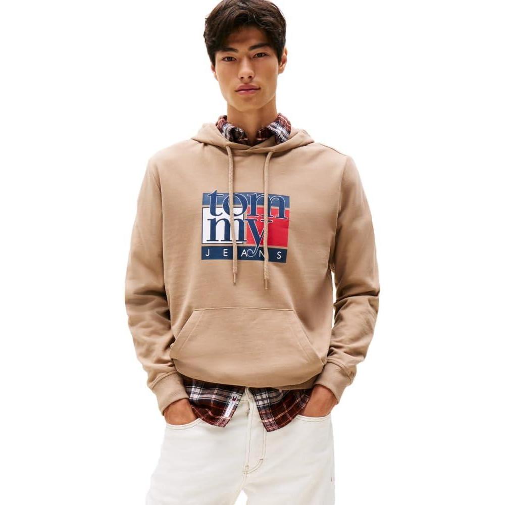 imageTommy Jeans mens Medium Weight Hoodie Sweatshirt With Printed Flag LogoCoastal Taupe