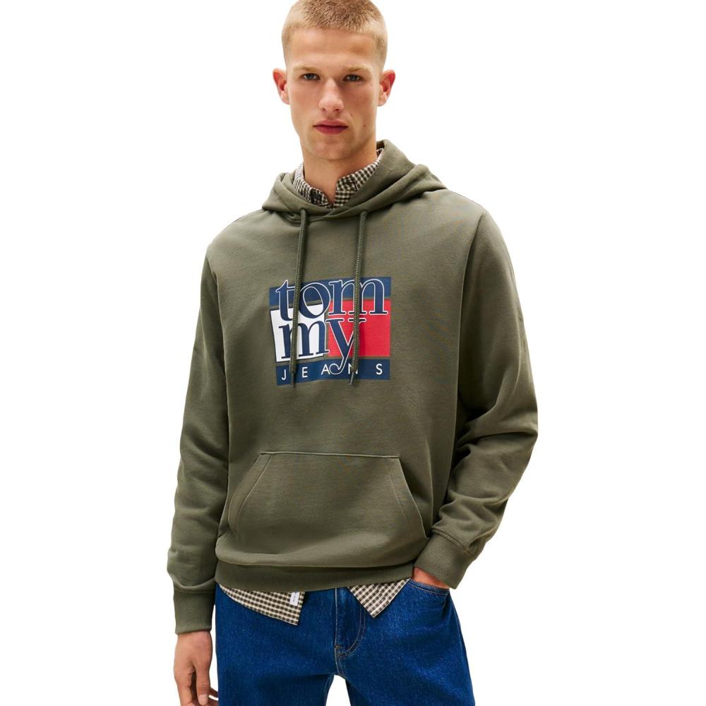 imageTommy Jeans mens Medium Weight Hoodie Sweatshirt With Printed Flag LogoPewter Green