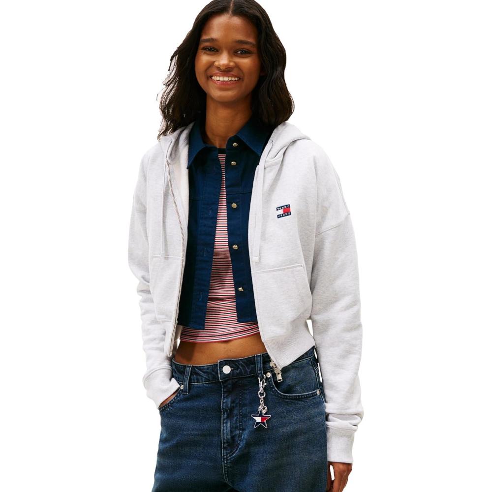 imageTommy Jeans womens Medium Weight Cropped Zip Up Hoodie With Embroidered Flag LogoIce Grey Heather