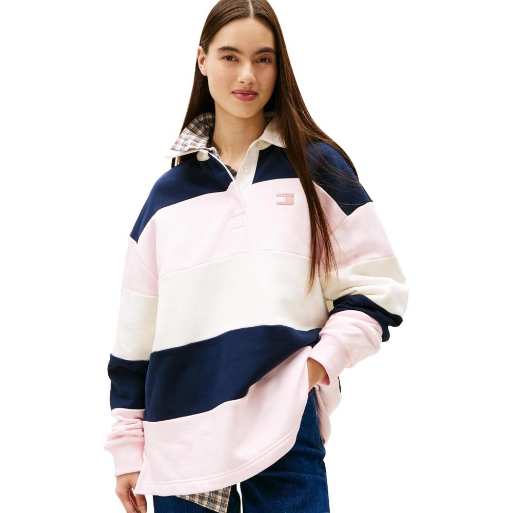 imageTommy Jeans womens Medium Weight Long Sleeve Striped Rugby Sweater With Embroidered Flag LogoLight Pink Stripe