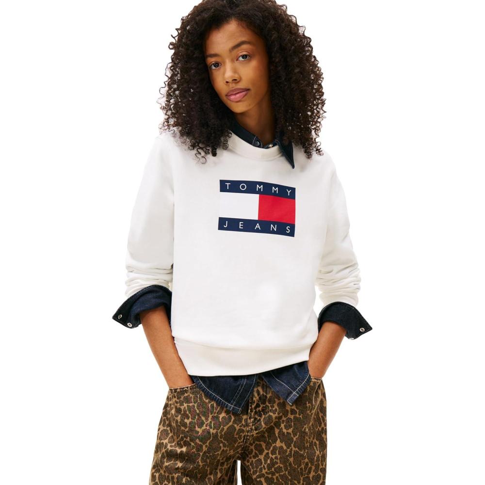 imageTommy Jeans womens Medium Weight Pullover Crewneck With Flag Logo DetailEcru