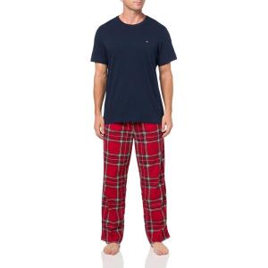 Tommy Hilfiger Men’s Cozy Fleece Sleep Set(Navy  Tango Red Plaid)