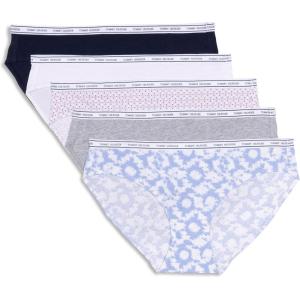 Tommy Hilfiger womens Classic Cotton Bikini Underwear With Logo Waistband 5-pack(Round Tie Dye Brunerra Blue/Heather Grey/Th Stacked Geo Bright White/Bright White/Navy Blazer)