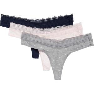 Tommy Hilfiger womens Cotton Logo Lace Trim Thong 3-pack(Flag Print/Rosewater/Sky Captain)