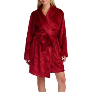 Tommy Hilfiger womens Debossed Long Sleeve Plush Robe(Regatta Red Debossed Hilfiger Flag)