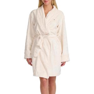Tommy Hilfiger womens Debossed Long Sleeve Plush Robe(Whisper White Debossed Hilfiger Flag)