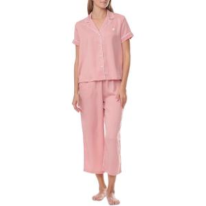 Tommy Hilfiger womens Short Sleeve Notch Top and Cropped Pant Pajama Set(Jacquard Rose Tan)