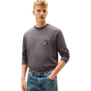 Tommy Jeans Mens Long Sleeve Cotton Graphic T-Shirts with Printed Back Graphic(Washed Black)